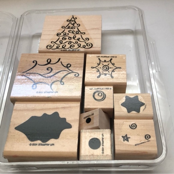 Stampin Up Stamps Two Step Curly Christmas 2001 8 Piece Mounted Stamp Set & Case - Picture 3 of 10
